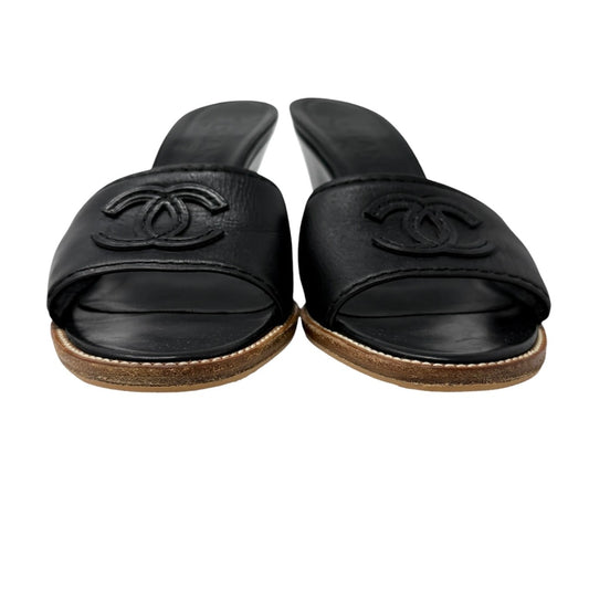 CHANEL Vintage CC Logo Slide Sandals Heels #36.5 Black Brown Leather 901943