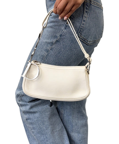 Christian Dior Vintage Logo D Charm Shoulder Bag White Silver Leather 902377