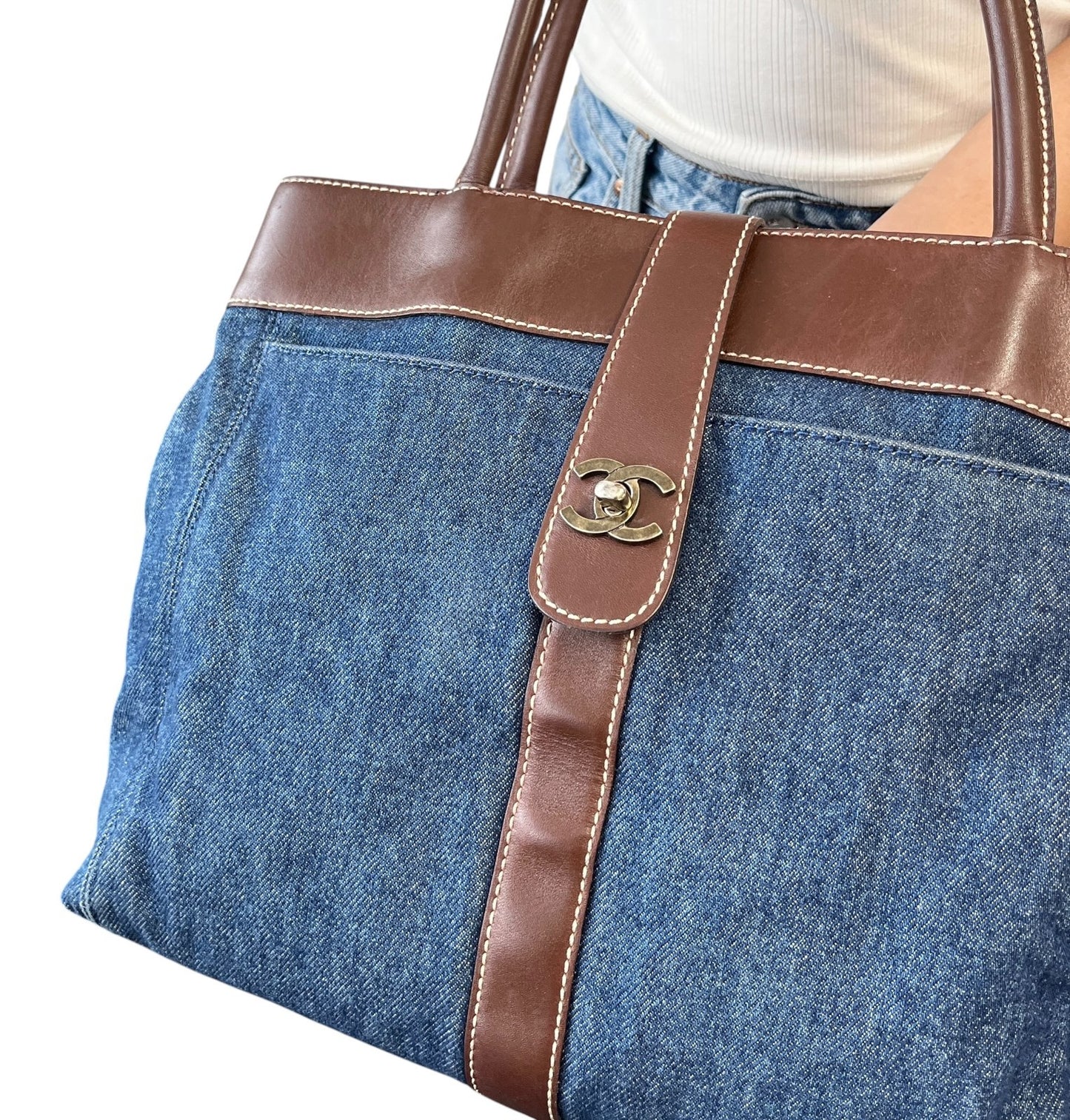 CHANEL Vintage CC Logo Denim Turnlock Tote Shoulder Bag Blue Brown Leather