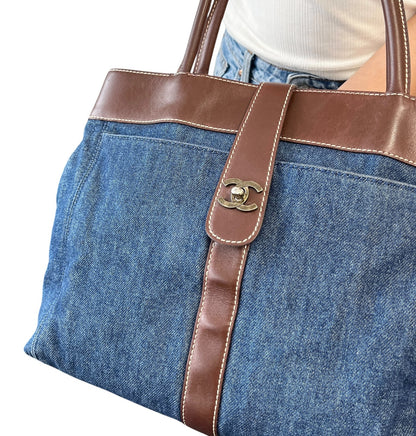 CHANEL Vintage CC Logo Denim Turnlock Tote Shoulder Bag Blue Brown Leather