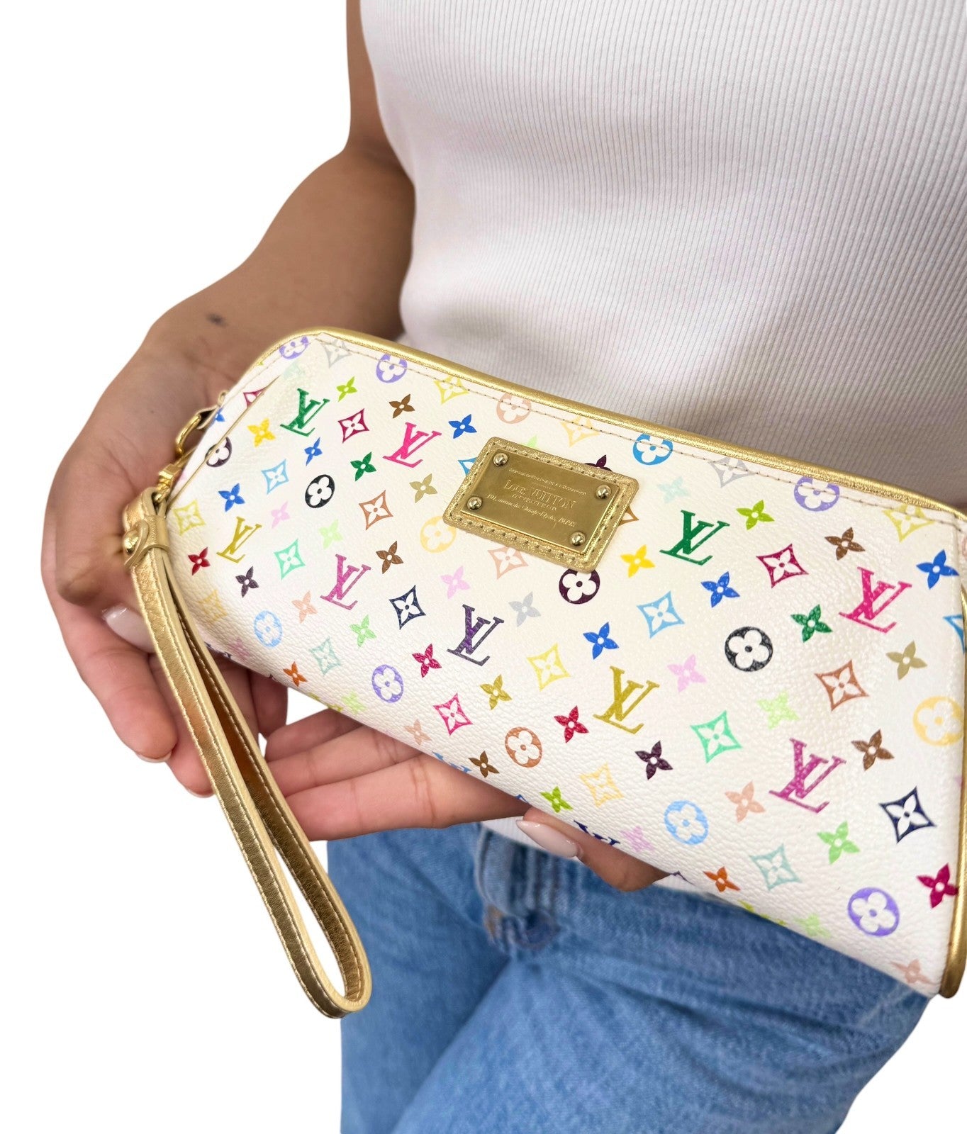 LOUIS VUITTON Vintage Monogram Multicolor Mini Pouch Bag Leather White 902414
