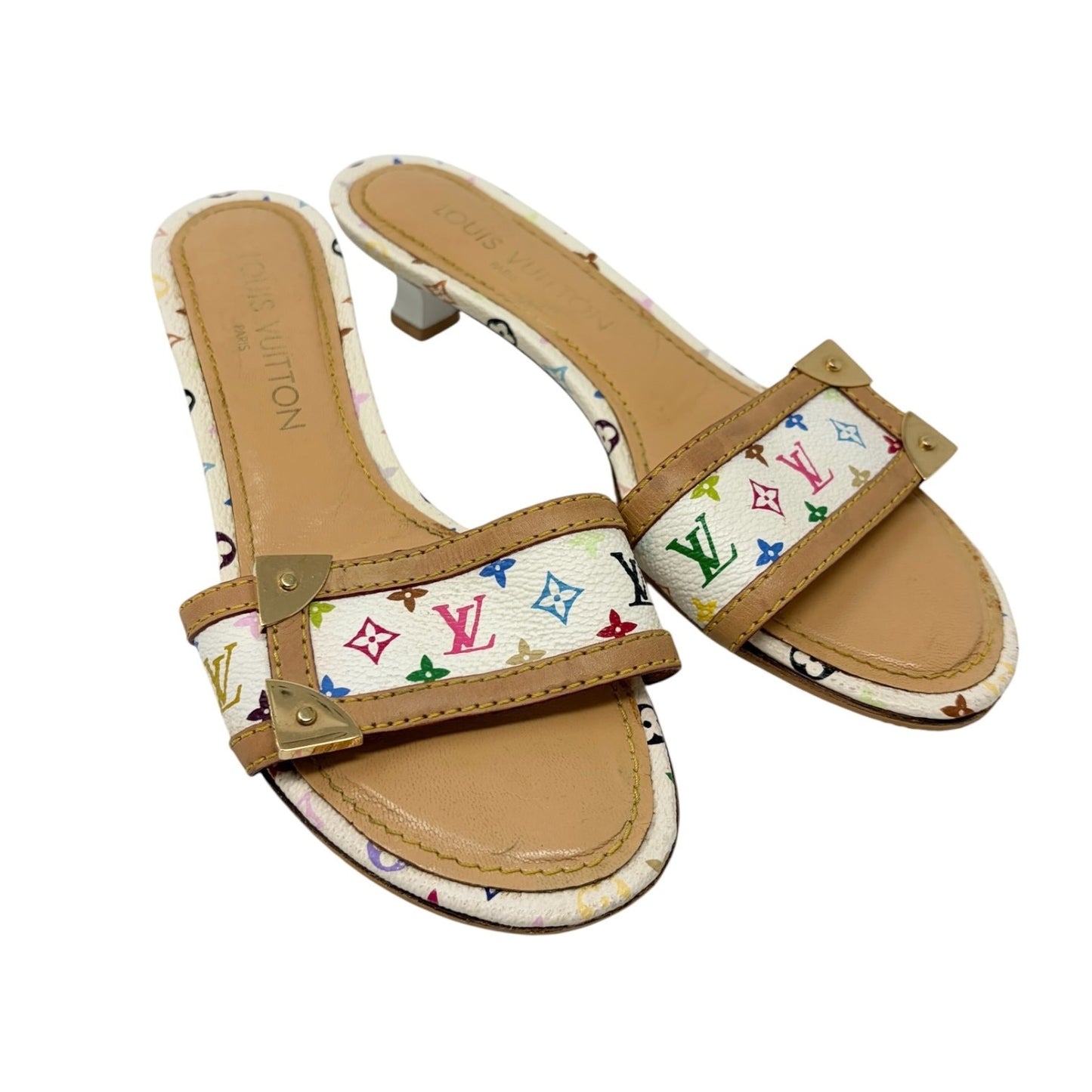 LOUIS VUITTON Vintage Monogram Multicolor Sandals Heels #36 White Beige