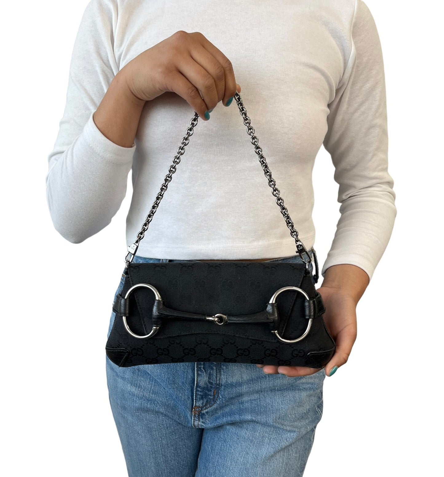 GUCCI Vintage GG Monogram Horsebit Chain Mini Bag Black Silver Canvas 902022