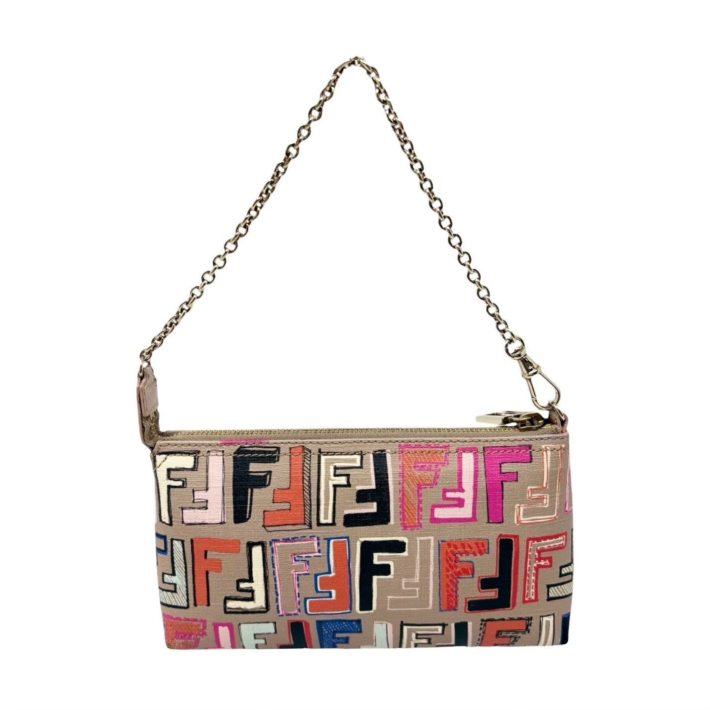 FENDI Vintage Zucca FF Monogram Chain Bag Pochette Beige Multicolor 901881