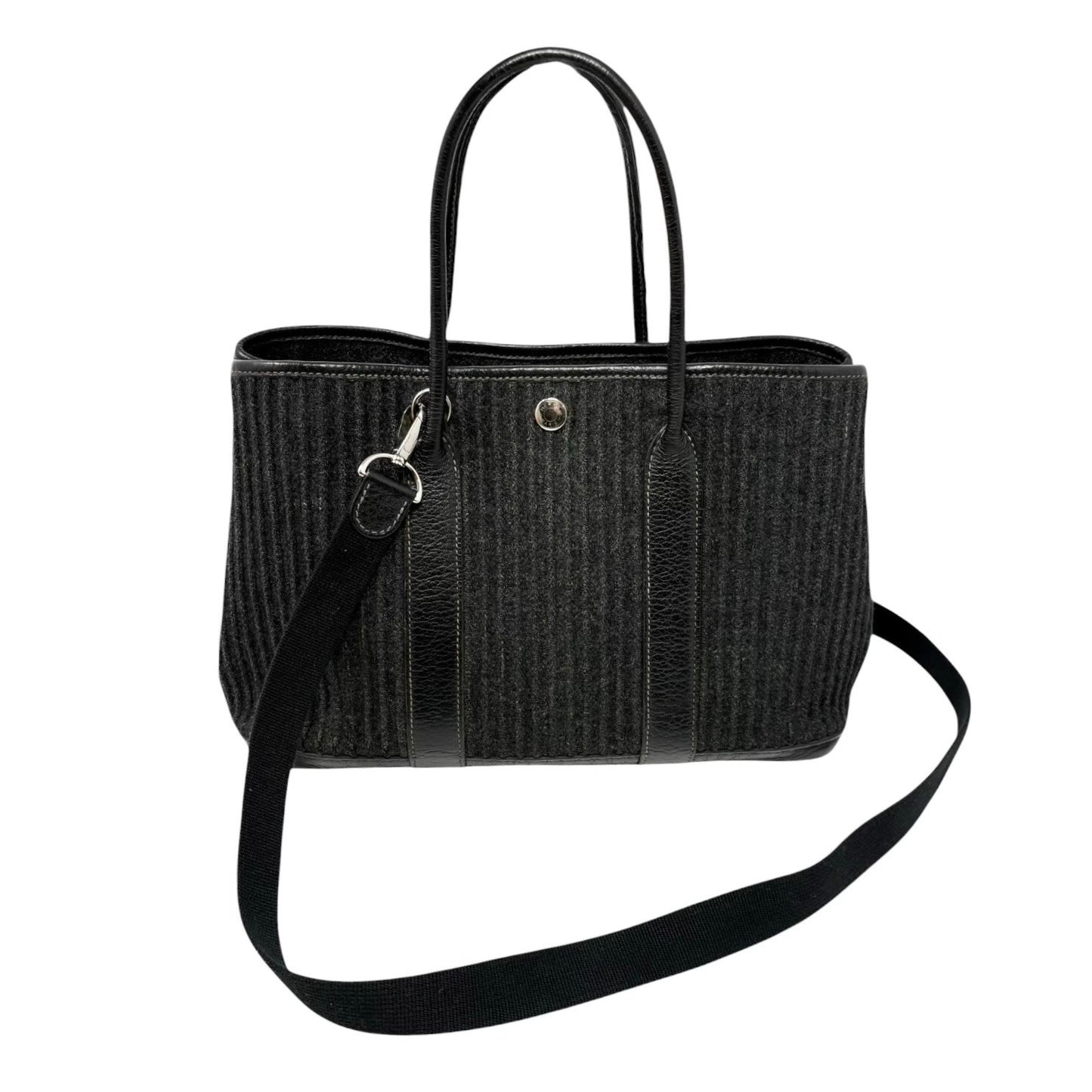 HERMES Vintage Ribbed Wool Garden Party 30 PM 2way Bag Black Silver Leather