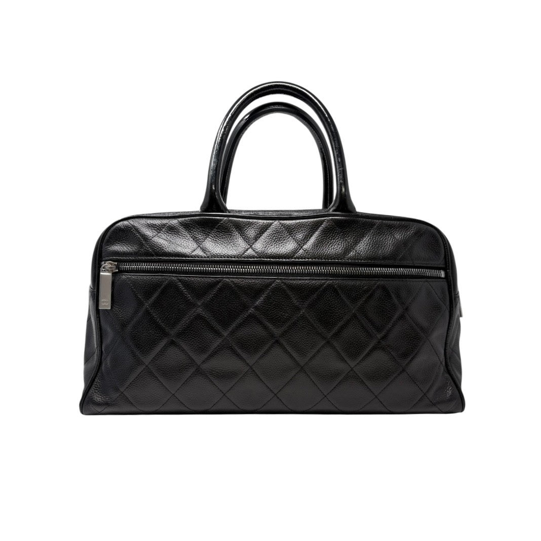 CHANEL Vintage CC Big Logo Quilted Leather Bowling Boston Bag Black Silver
