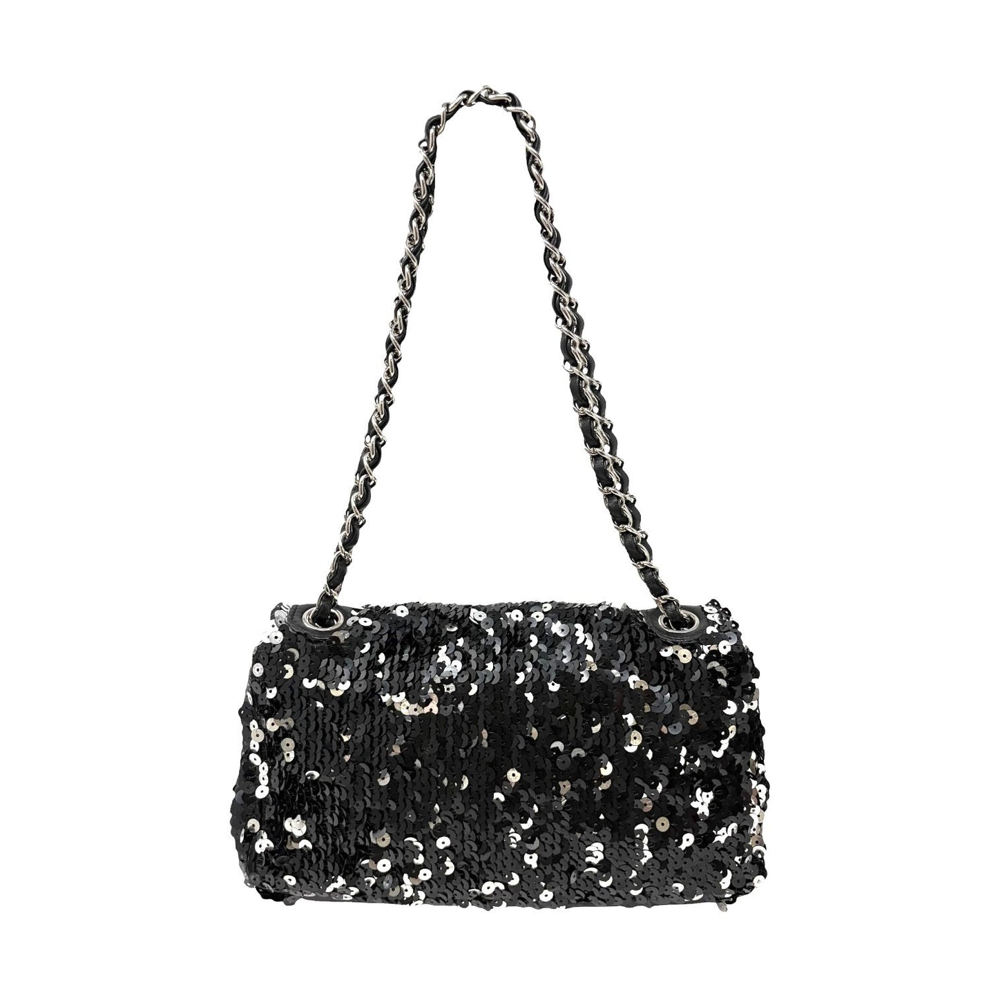 CHANEL Vintage CC Logo Sequins Chain Shoulder Bag Black Silver Leather 902259