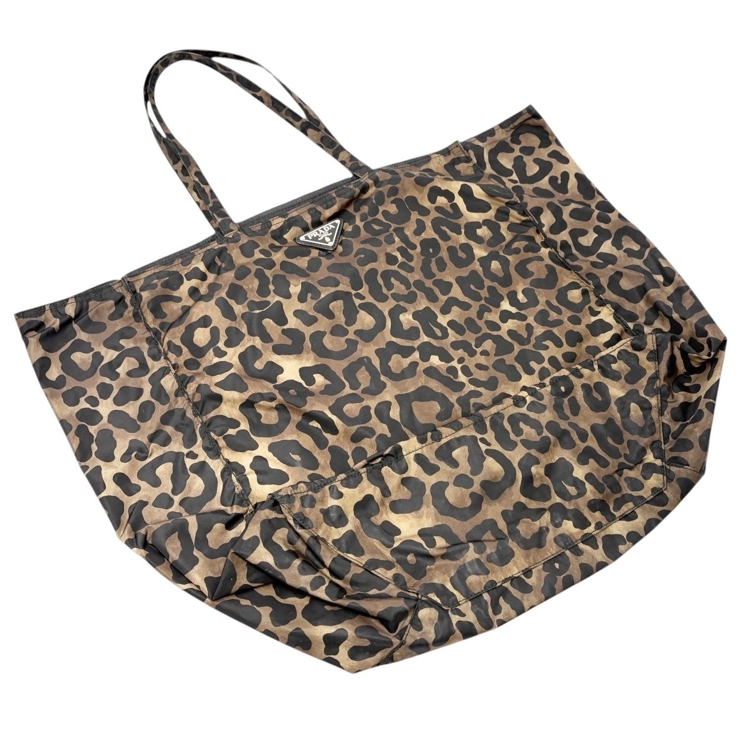 PRADA Vintage Logo Leopard Tote Shoulder Bag Khaki Black Silver Nylon Leather