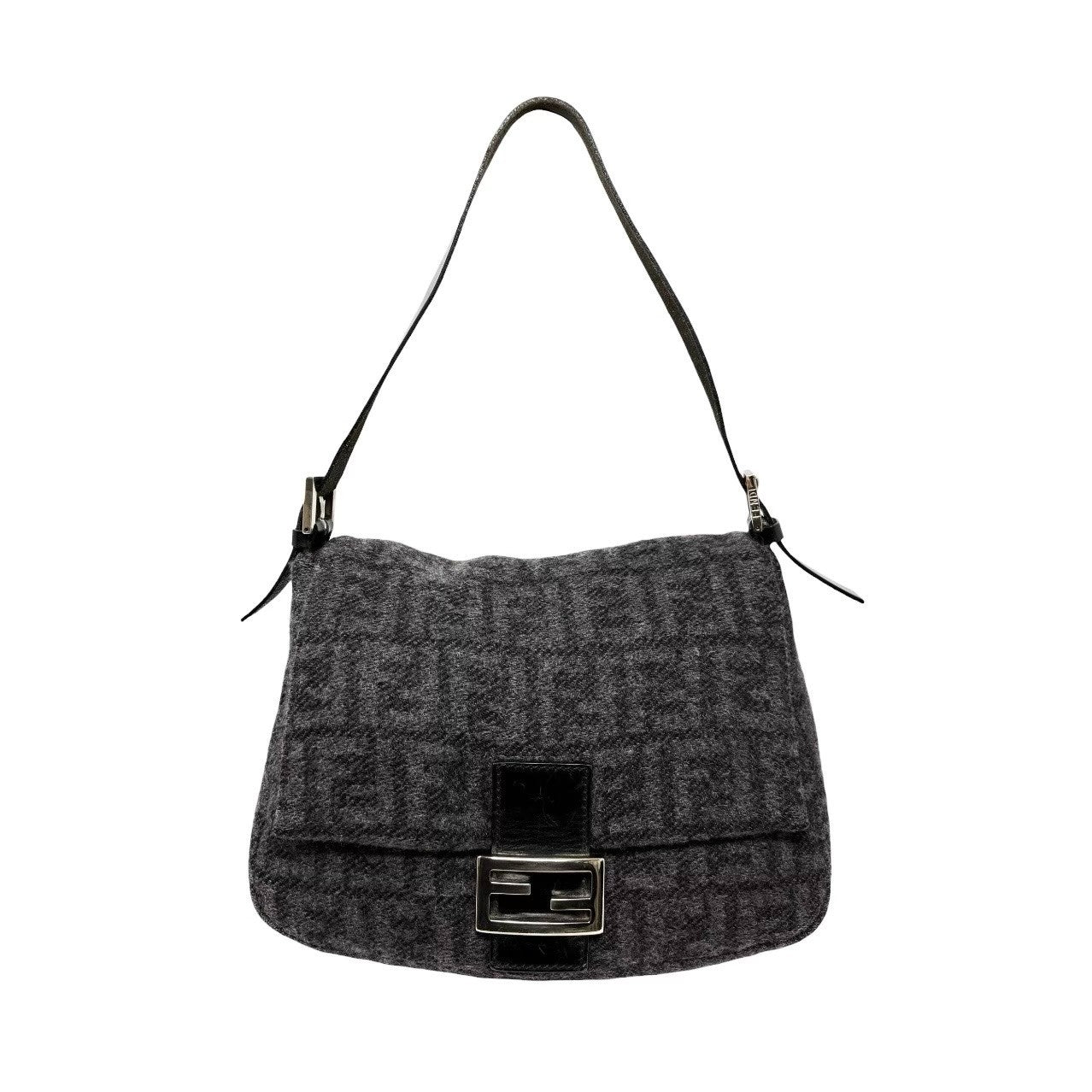 FENDI Vintage Zucca FF Logo Mamma Baguette Shoulder Bag Gray Black Wool