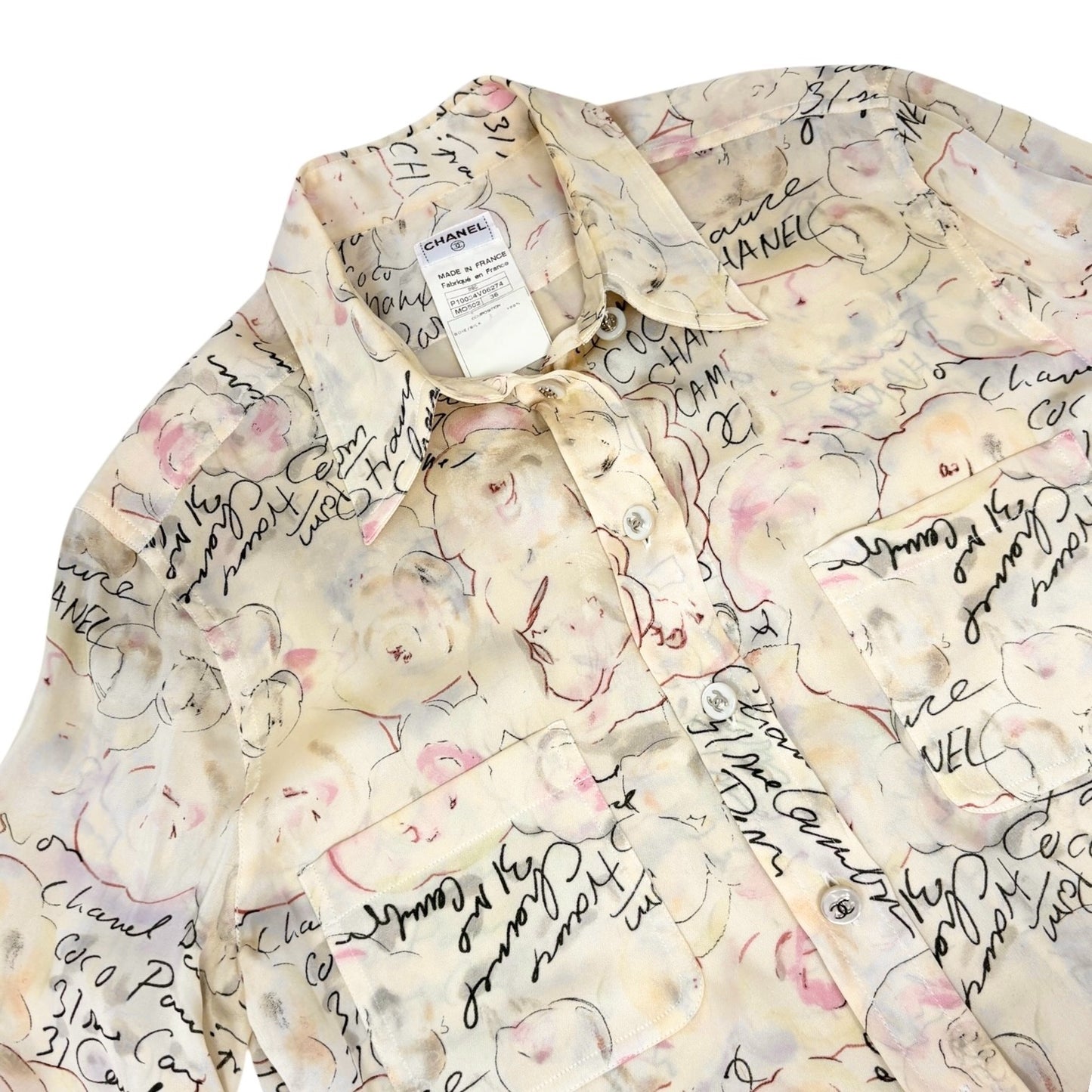 CHANEL Vintage 98C Coco Mark Logo Button Shirt Blouse Ivory Silk 901882