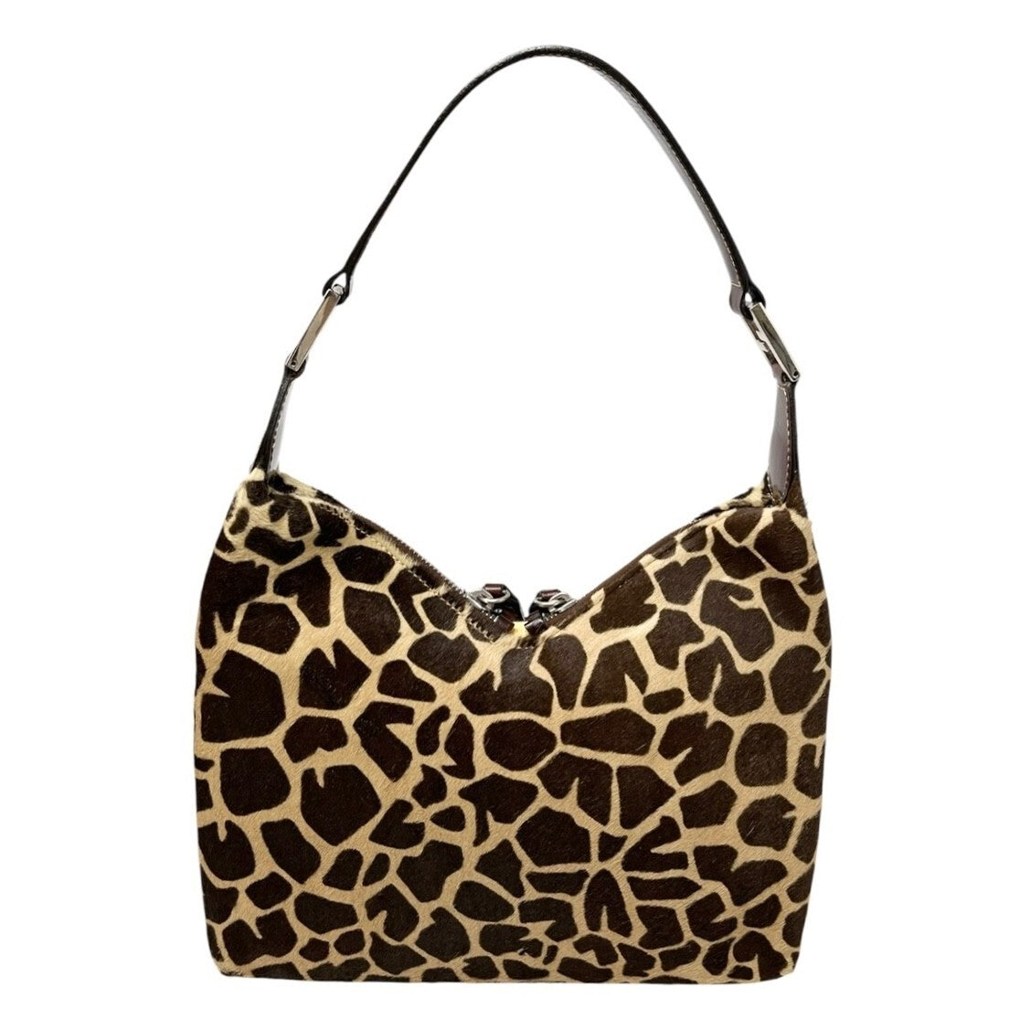 FENDI Vintage Zucca Logo Giraffe Print Shoulder Bag Brown Beige Calf Hair
