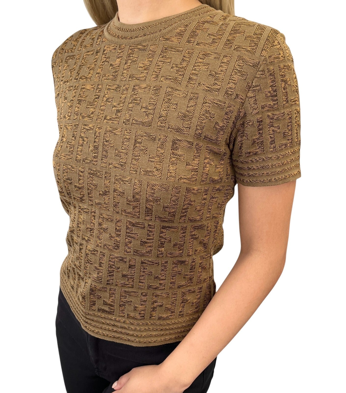 FENDI Vintage Zucca Monogram Logo Knit Top Short Sleeve Sweater Brown Cotton