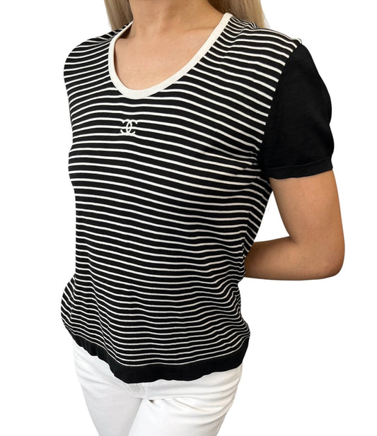 CHANEL Vintage CC Mark Logo Stripe T-shirt Top #40 Black White Cotton 106910