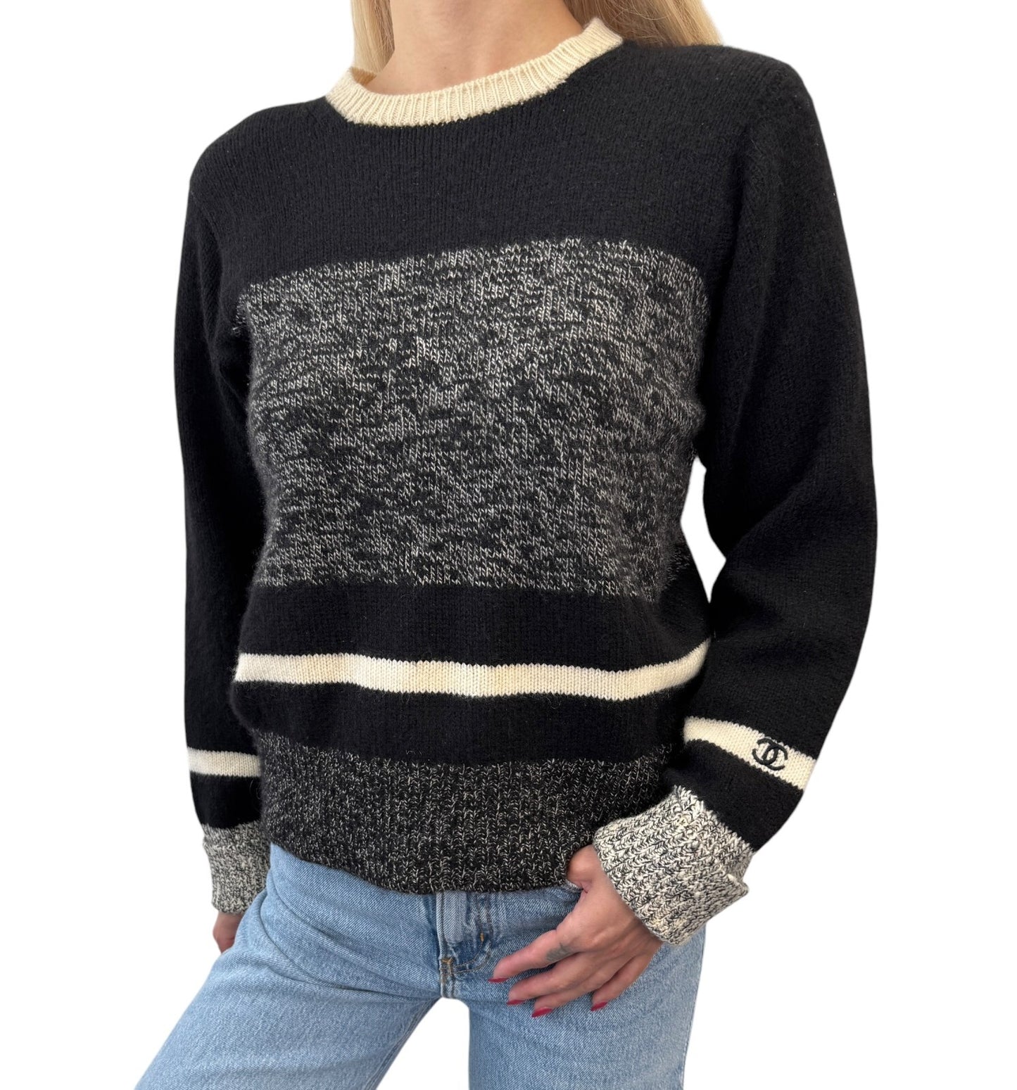 CHANEL Vintage 96A CC Logo Sweater #44 Knit Top Black Gray Cashmere Long Sleeve