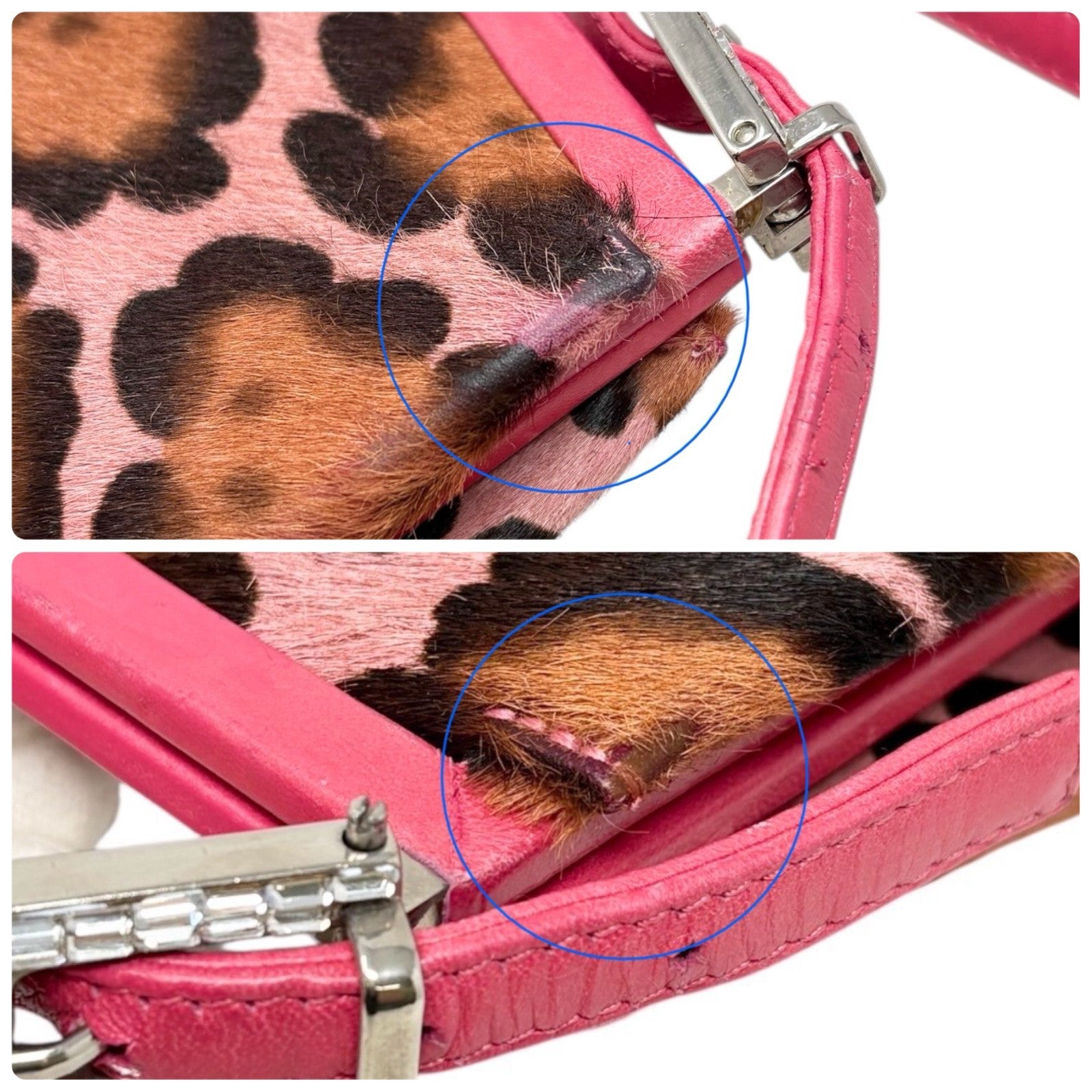 FENDI Vintage Mamma Baguette Leopard Pony Calf Hair Shoulder Bag Pink Brown