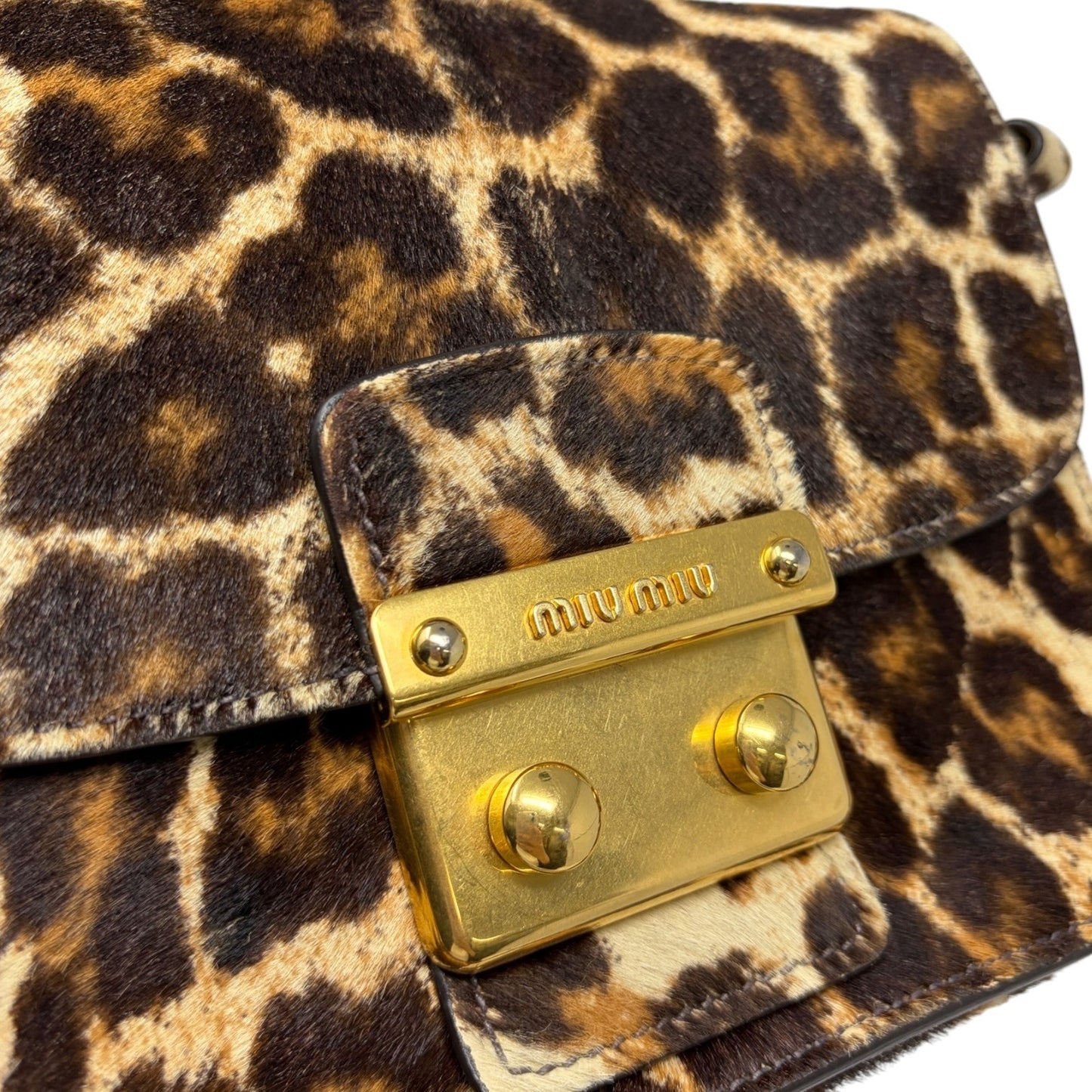 miumiu Vintage Leopard Pony Calf Hair Crossbody Bag Brown Gold Leather 902218
