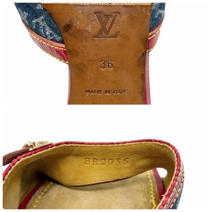 LOUIS VUITTON Vintage Monogram Denim Sandals Heels #36 Blue Red Beige 902029