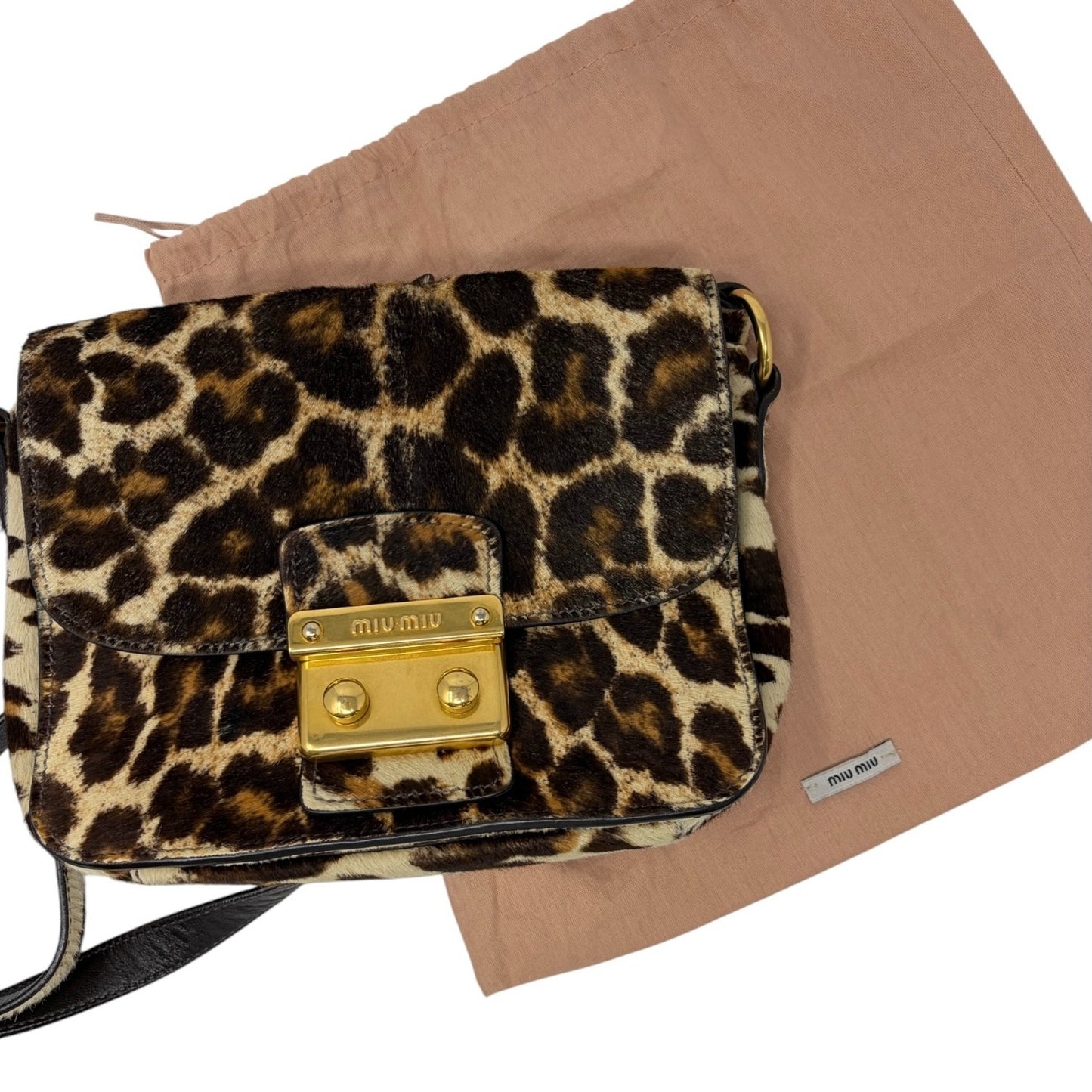 miumiu Vintage Leopard Pony Calf Hair Crossbody Bag Brown Gold Leather 902218