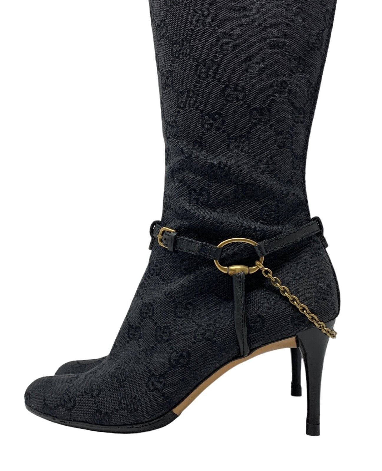 GUCCI Vintage Logo GG Logo Monogram Mid Calf Boots #36 US 6 Black Canvas RankAB