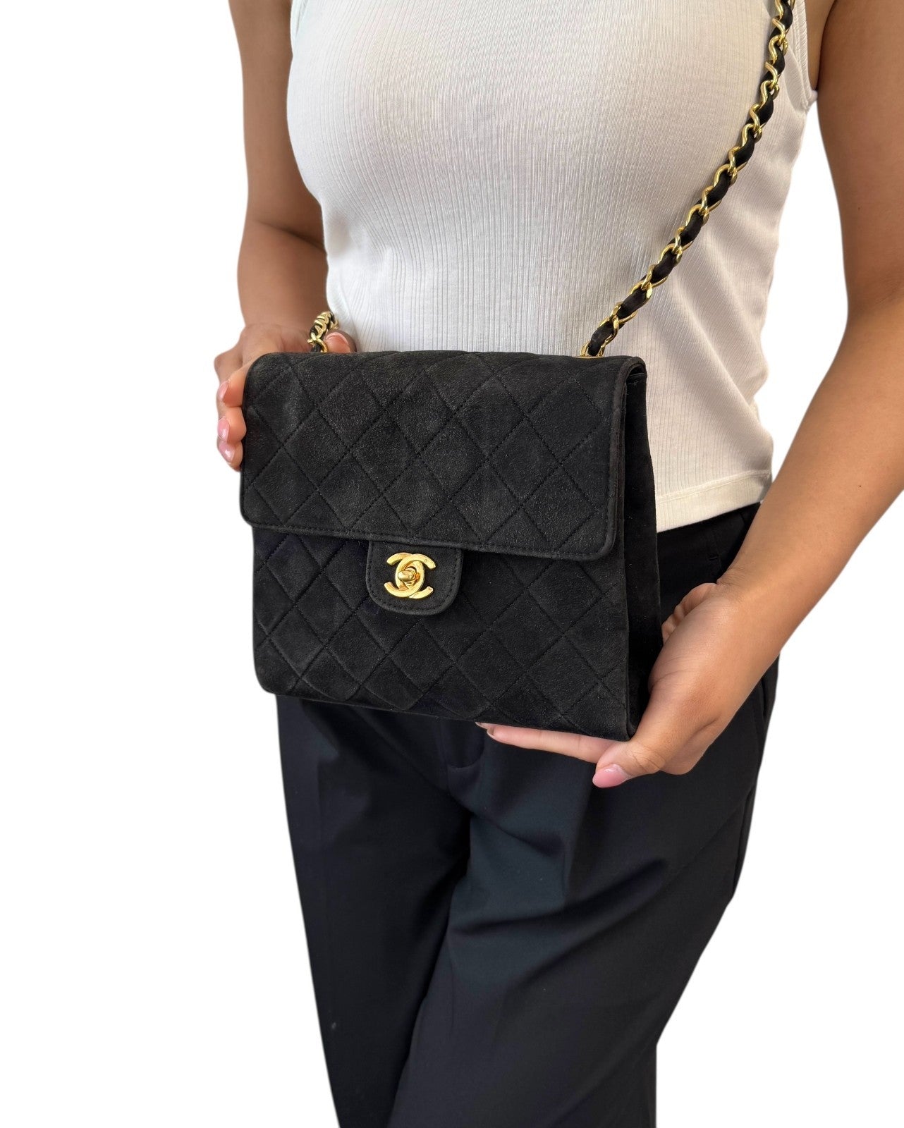 CHANEL Vintage CC Quilted Chain Crossbody Shoulder Bag Black Gold Suede 902220