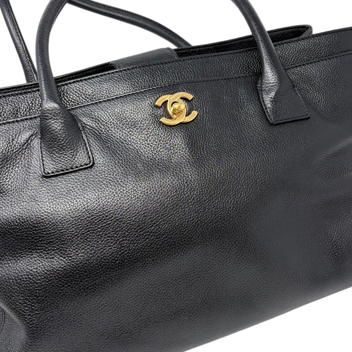 CHANEL CC Turnlock Executive Tote Shoulder Bag Black Gold Leather 902459