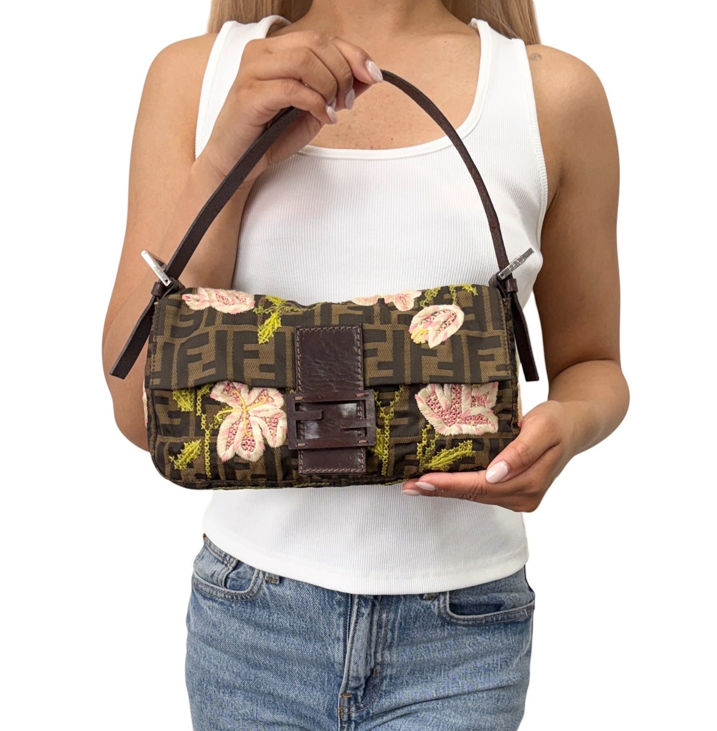 FENDI Vintage FF Zucca Mamma Baguette Flower Shoulder Bag Canvas Brown 901848