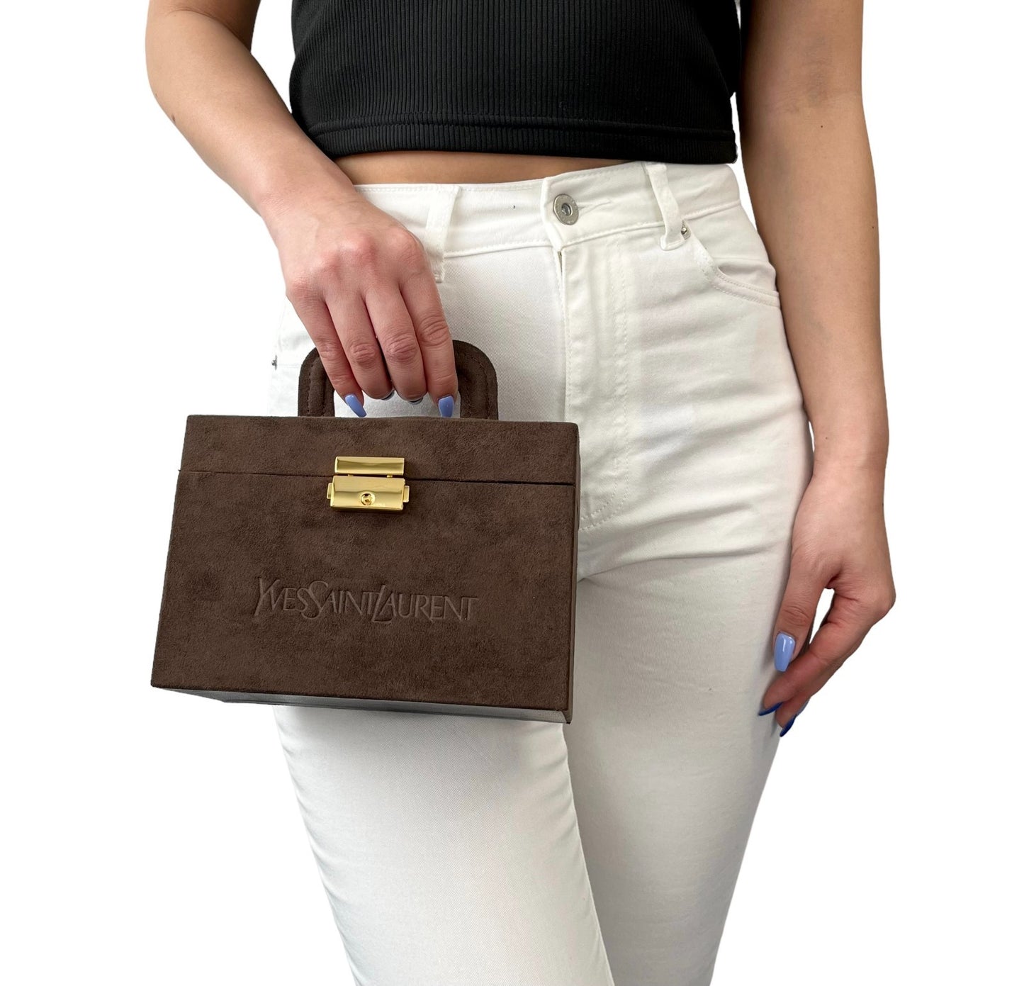 Yves Saint Laurent Vintage YSL Suede Vanity Cosmetic Box Bag Brown Gold 901833