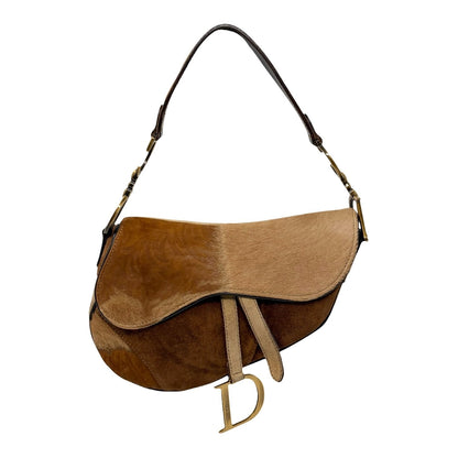 Christian Dior Vintage Pony Carf Hair Saddle Shoulder Bag Brown Beige 902489