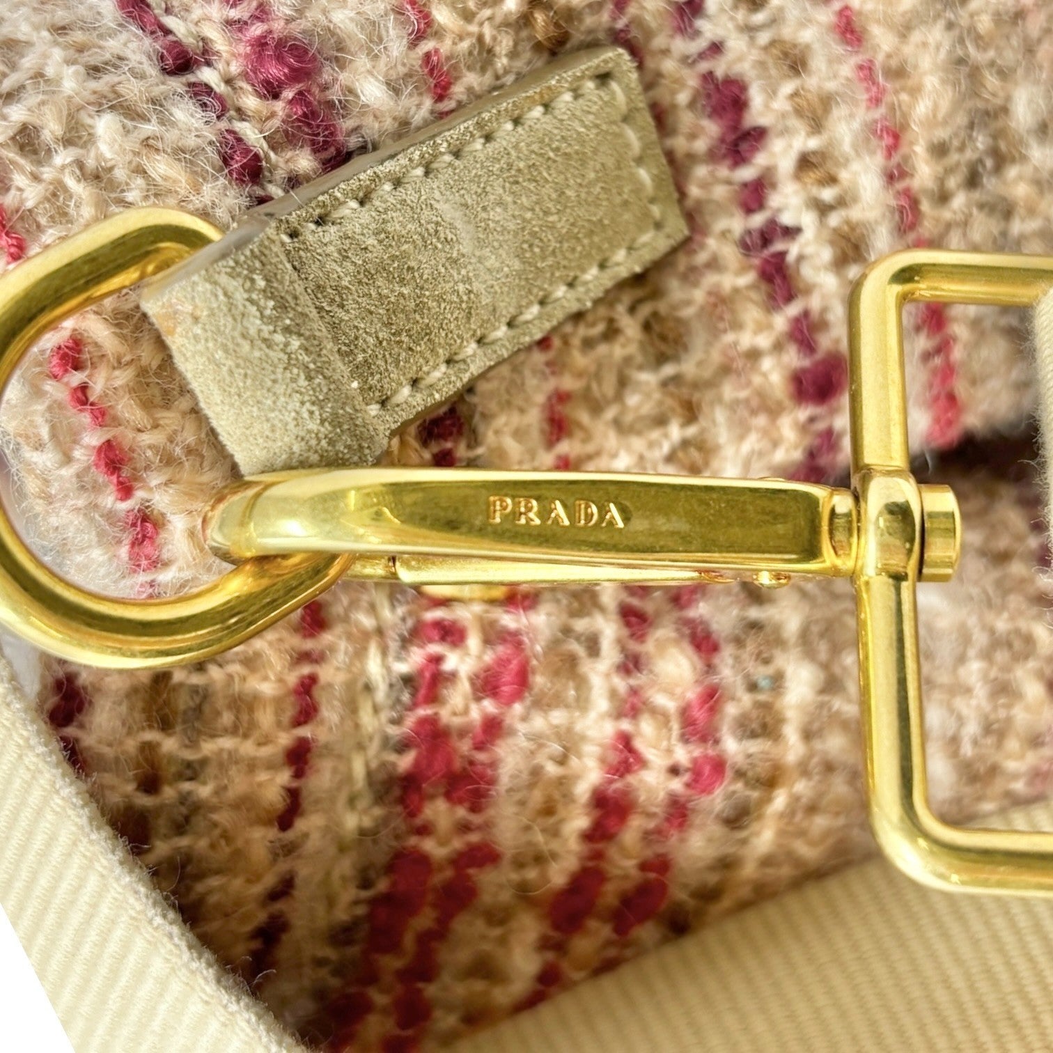PRADA Vintage Logo Tweed 2way Tote Bag Crossbody Pink Cream Gold Wool Suede