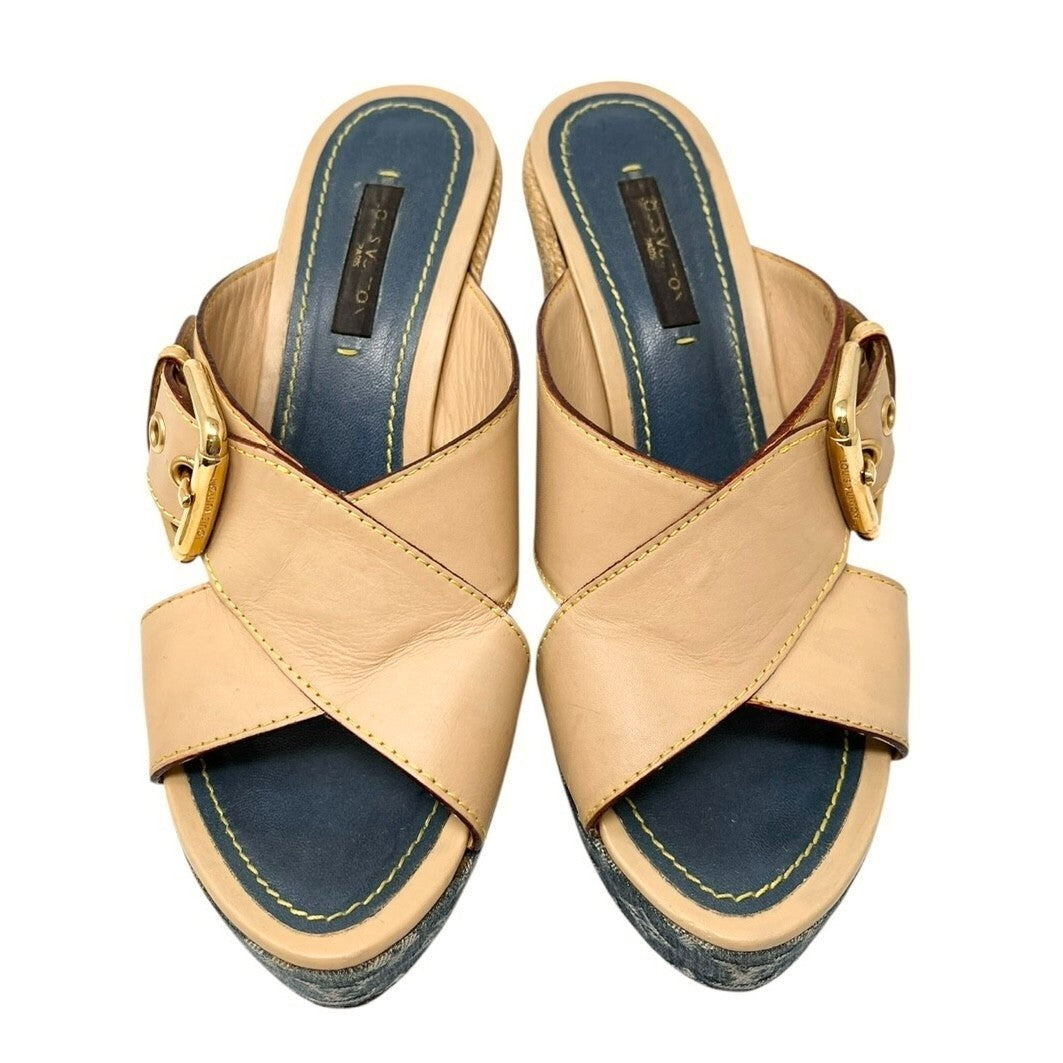 LOUIS VUITTON Vintage LV Logo Monogram Sandals #36-36.5 Beige Blue Leather Belt