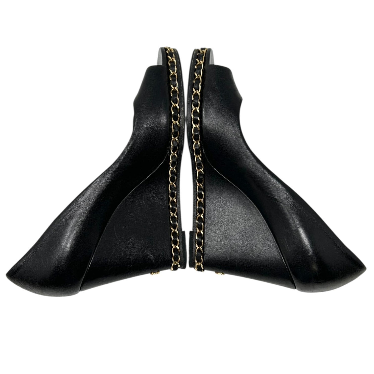 CHANEL Vintage CC Logo Open Toe Chain Sandals #37-37.5 Black Wedge Heels