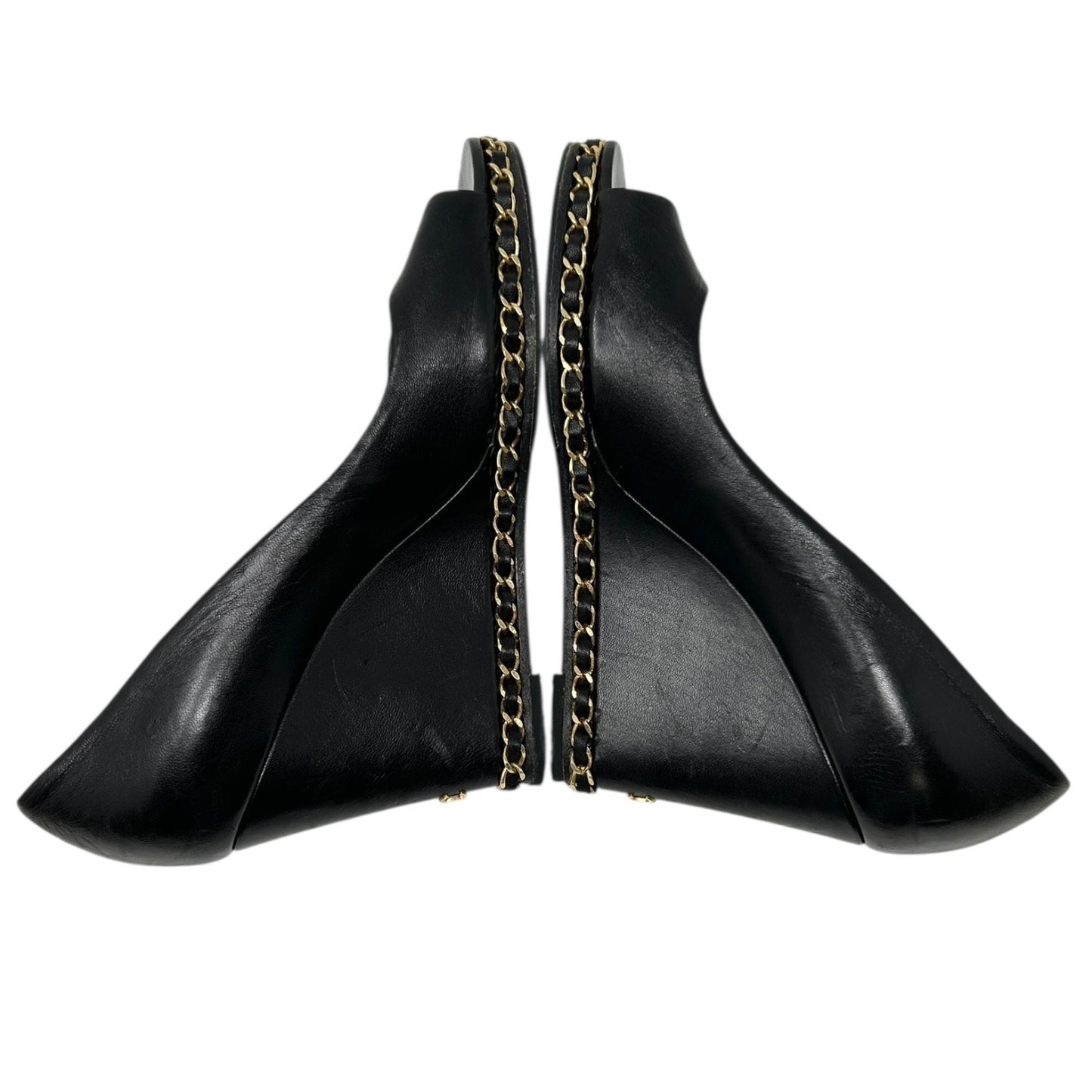 CHANEL Vintage CC Logo Open Toe Chain Sandals #37-37.5 Black Wedge Heels