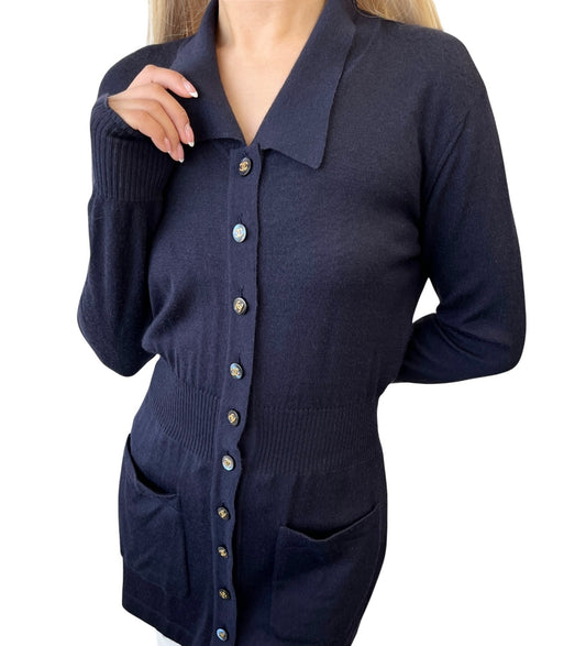 CHANEL Vintage 94A CC Button Cashmere Long Cardigan #40 Dark Blue Gold 902012