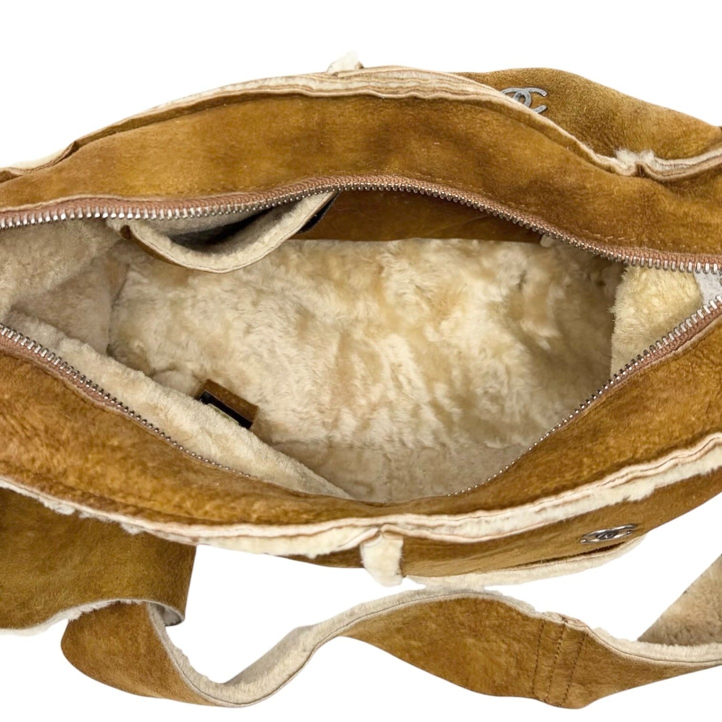 CHANEL Vintage CC Logo Shearling Crossbody Bag Brown Cream Mouton Suede Boa