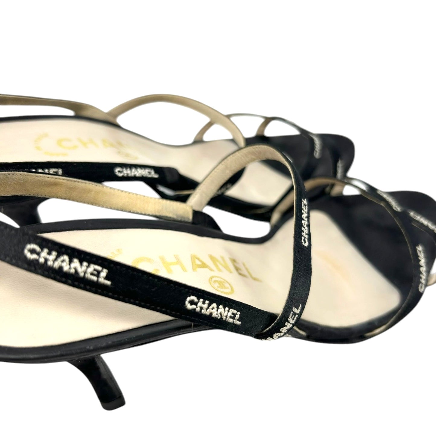 CHANEL Vintage 96C Logo Satin Ribbon Sandals Heels #36 Black White Satin Strap