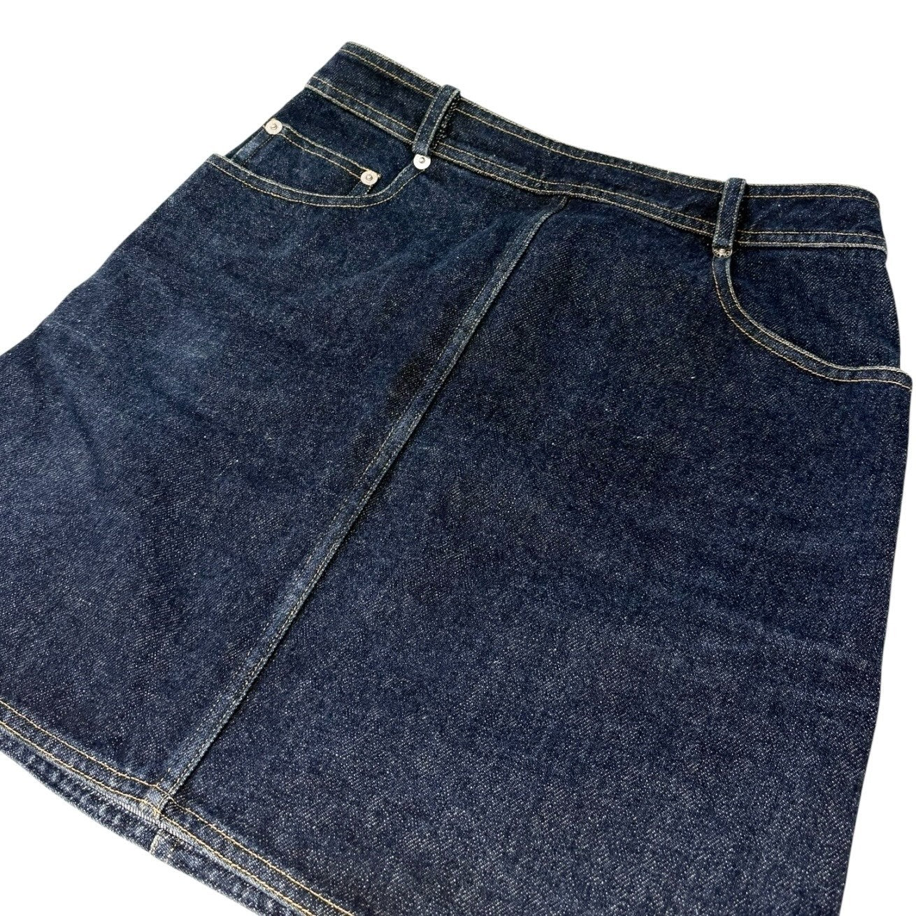 CHANEL Vintage 96P CC Mark Logo Denim Skirt #36 Dark Blue Yellow Cotton