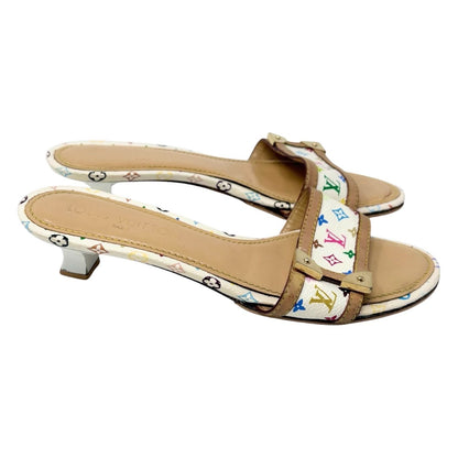 LOUIS VUITTON Vintage Monogram Multicolor Sandals Heels #37 White Beige 902545