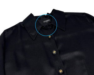CHANEL Vintage CC Logo Silk Shirt Top Blouse Gold Button Black Silk Long Sleeve