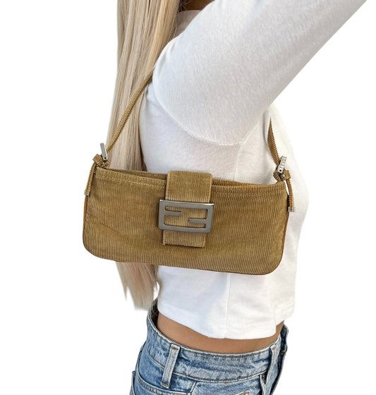 FENDI Vintage FF Logo Corduroy Mamma Baguette Shoulder Mini Bag Light Brown Zip