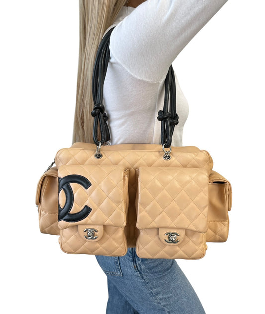 CHANEL Vintage Cambon Line CC Logo Quilted Shoulder Bag Beige Black Leather