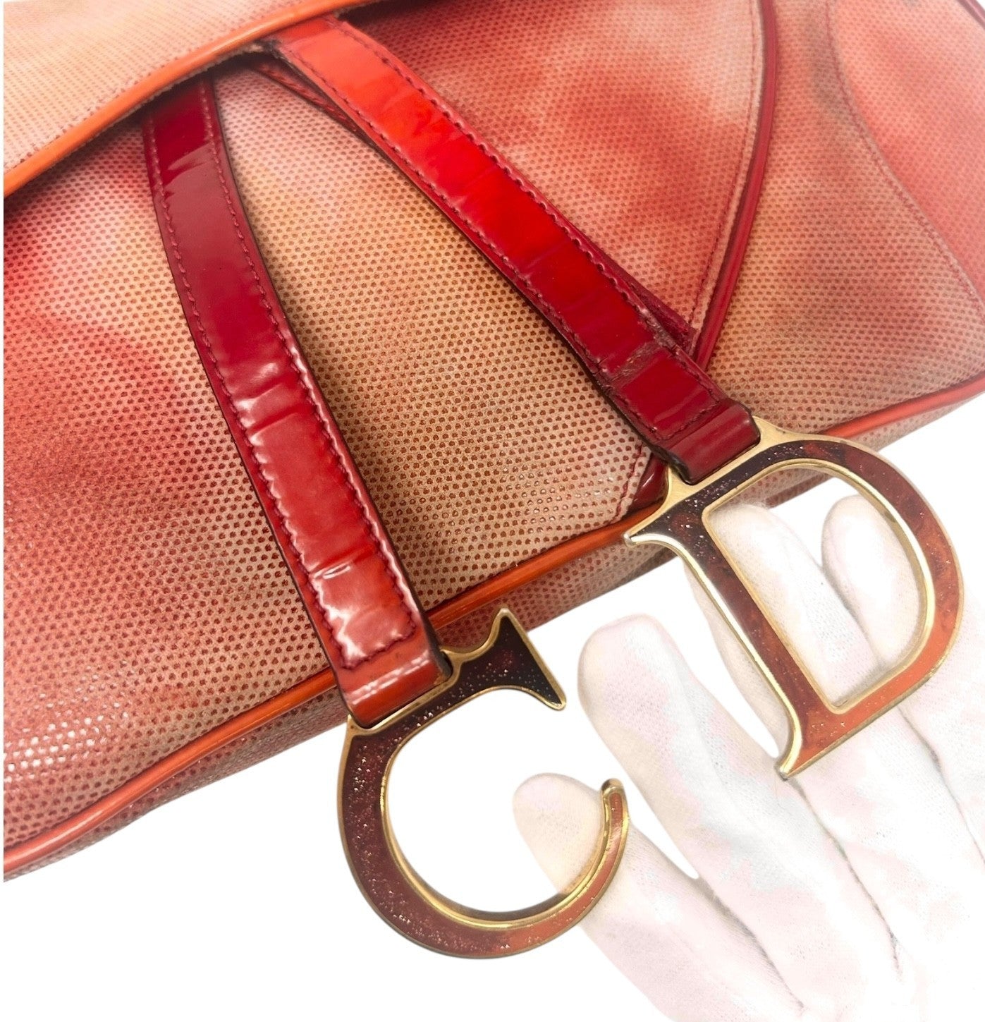 Christian Dior Vintage 2000 Double Saddle Shoulder Bag Red Gold Coated Suede