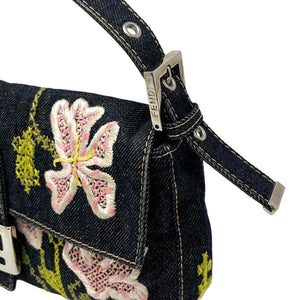 FENDI Vintage Logo Denim Mamma Baguette Shoulder Bag Flower Embroidery RankAB
