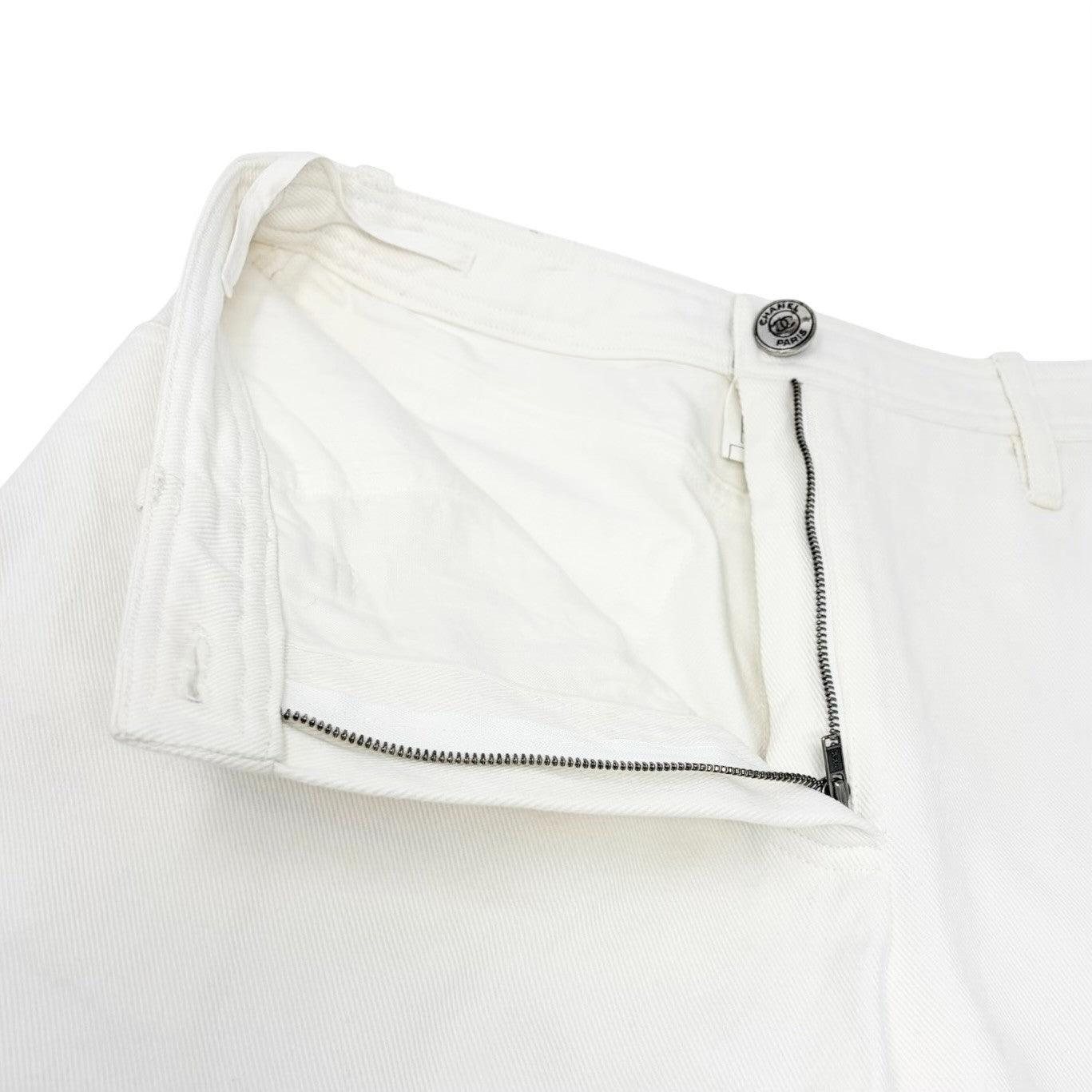 CHANEL Vintage 97C CC Logo Denim Pants #42 White Cotton Stitch 902246