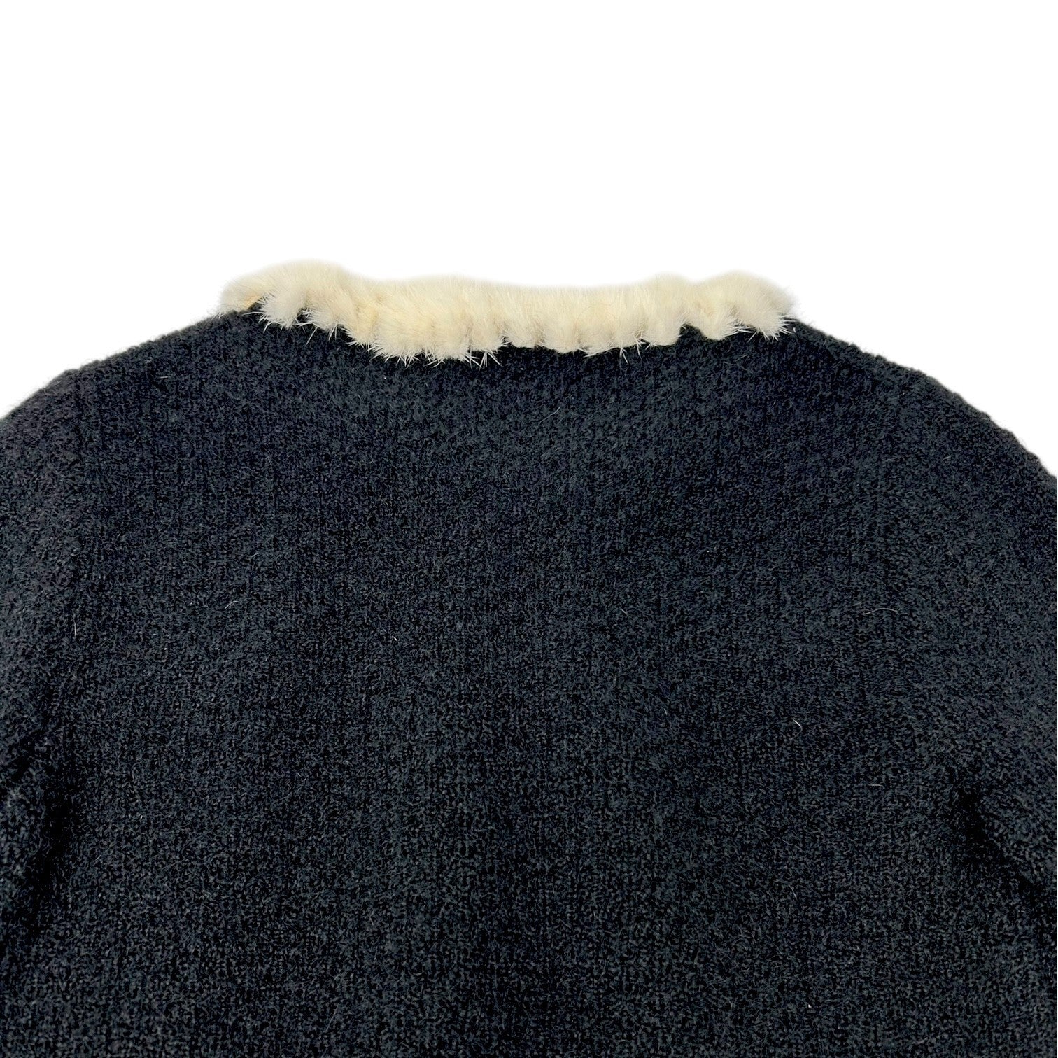 CHANEL Vintage 03A CC Logo Button Trim Fur Knit Jacket #38 Black White Mohair