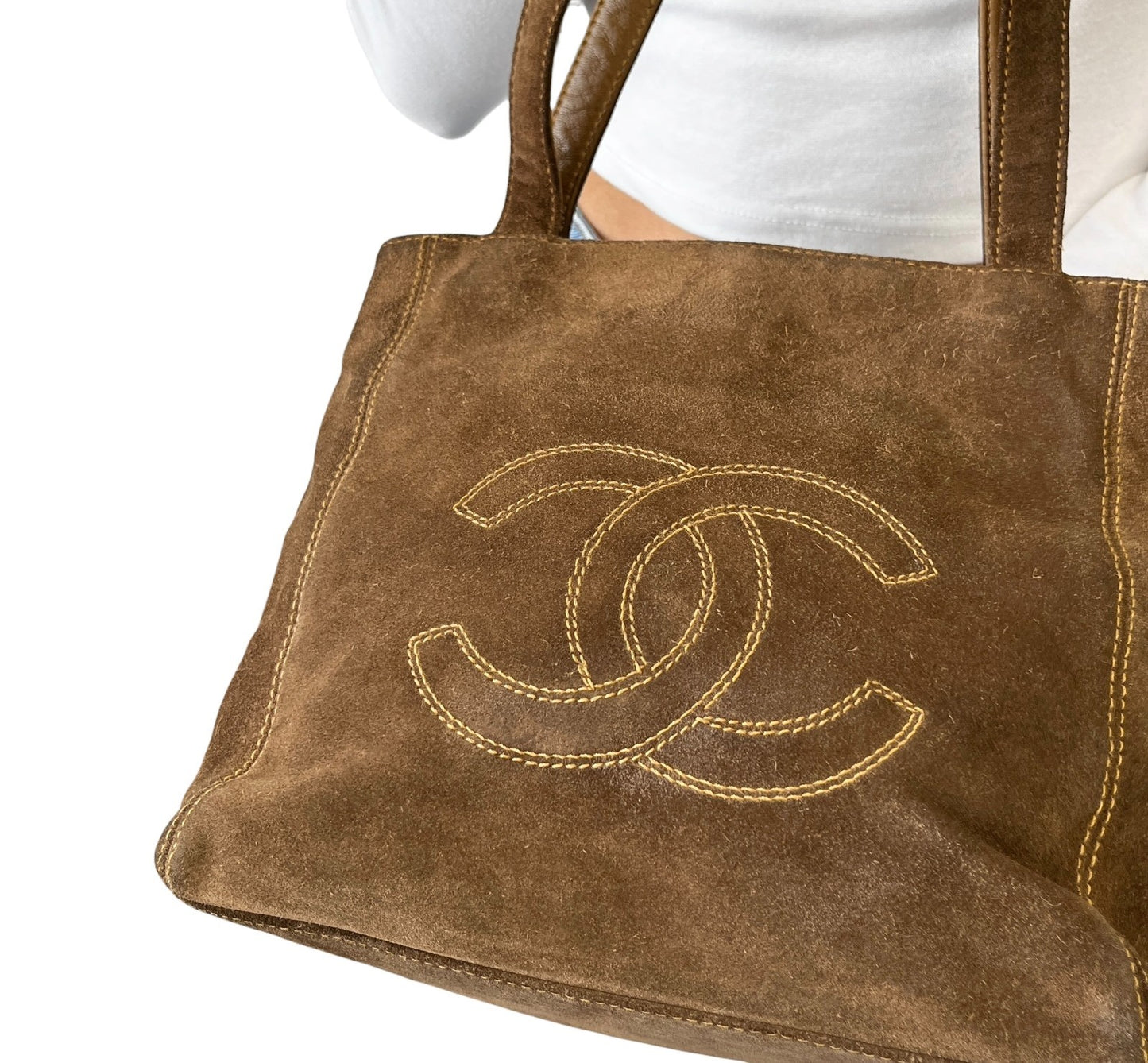 CHANEL Vintage CC Logo Stitch Suede Shoulder Tote Bag Brown Beige 902208