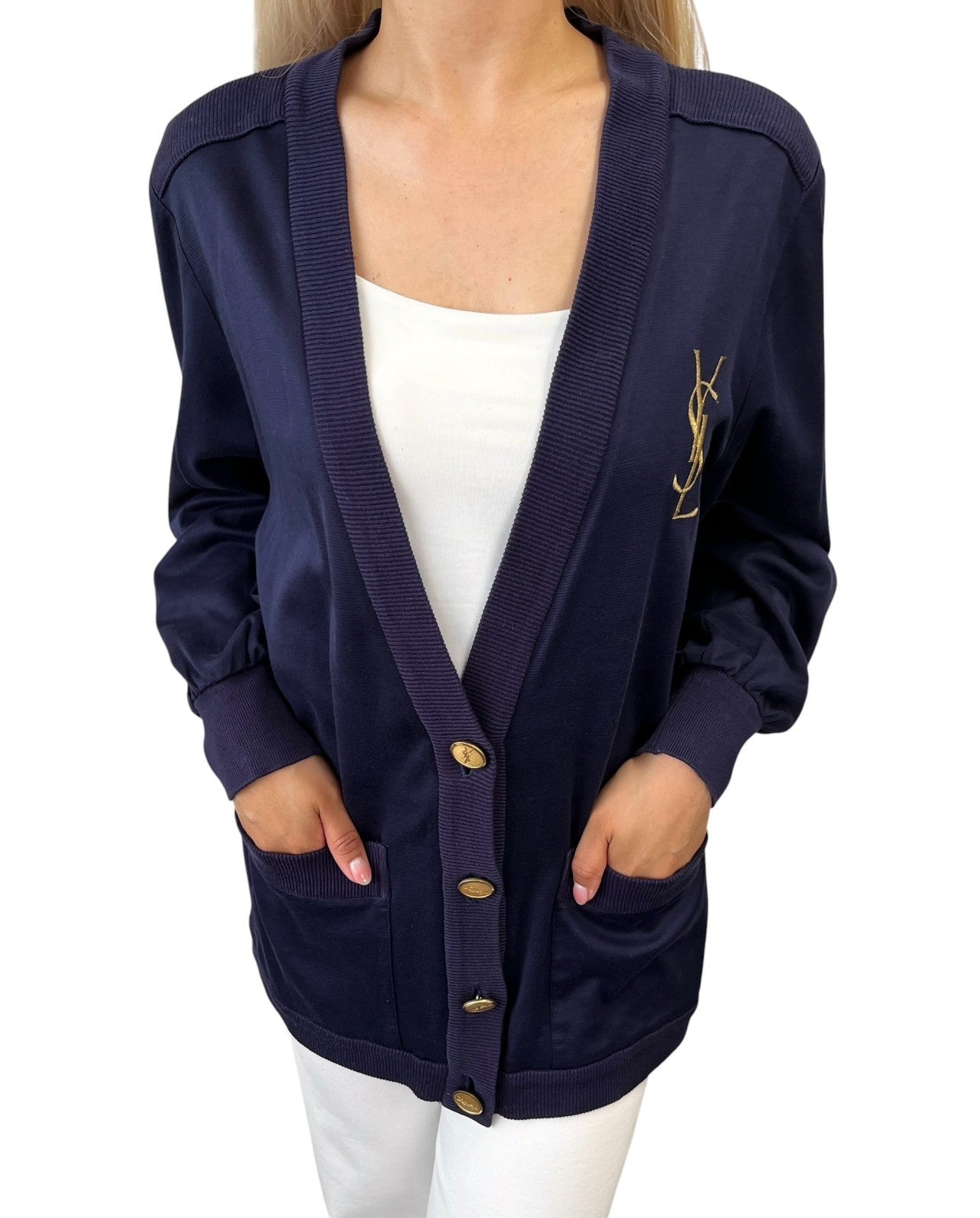 Yves Saint Laurent Vintage YSL Logo Cardigan Top #M Blue Gold Sweater 902072