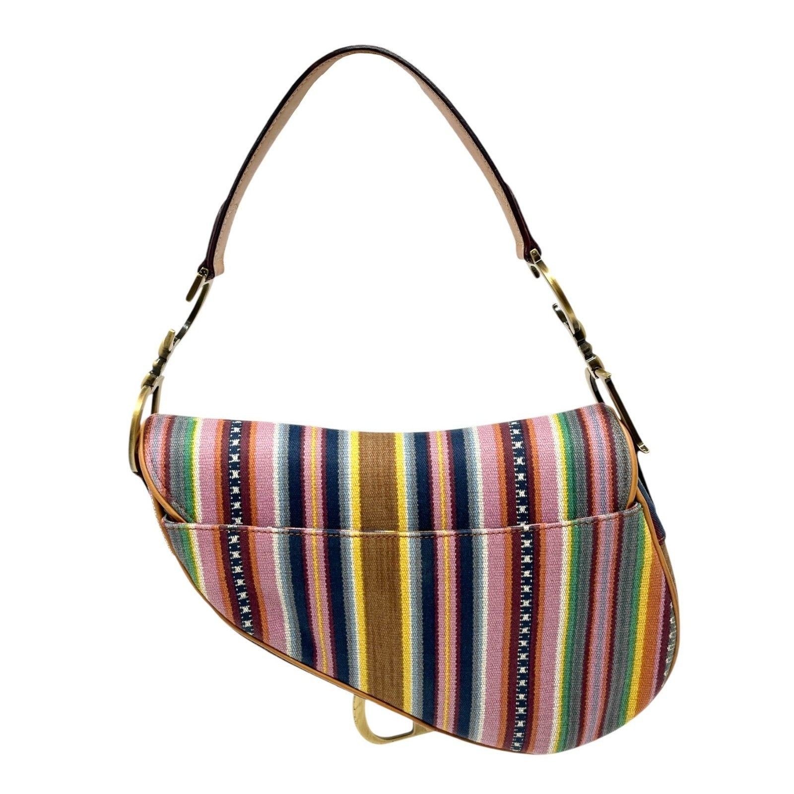 Christian Dior Vintage 2002 Logo Stripe Saddle Shoulder Bag Multicolor Camel