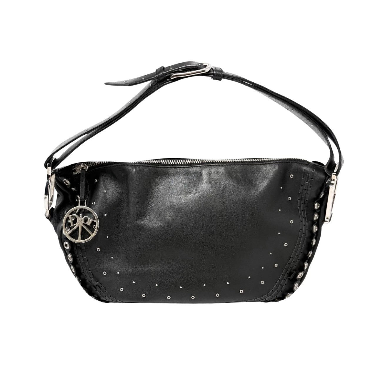 Christian Dior Vintage Peace and Love Leather Hobo Bag Black Silver Studs