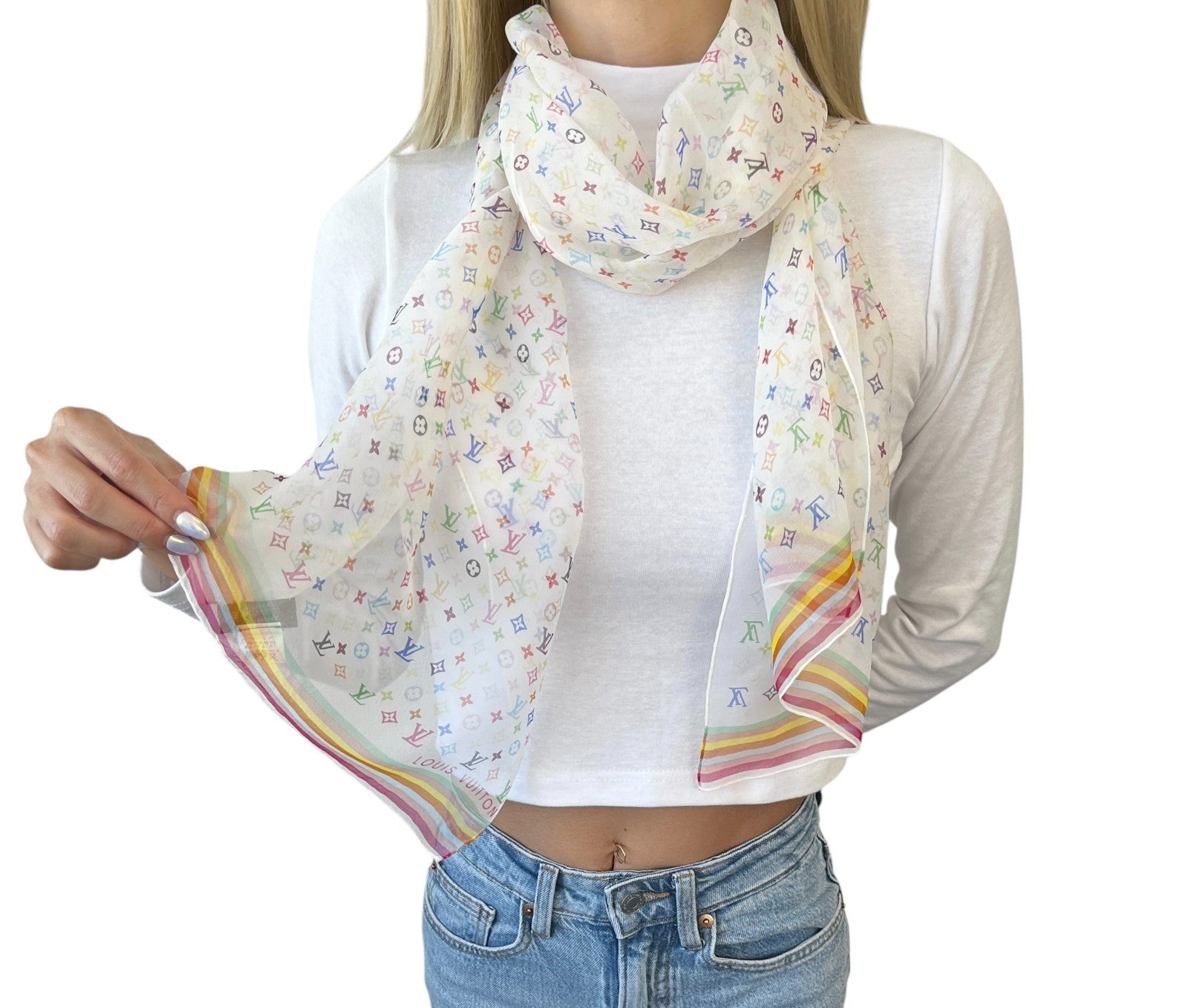 LOUIS VUITTON Vintage LV Logo Monogram Scarf Wrap Shawl Multicolor Silk