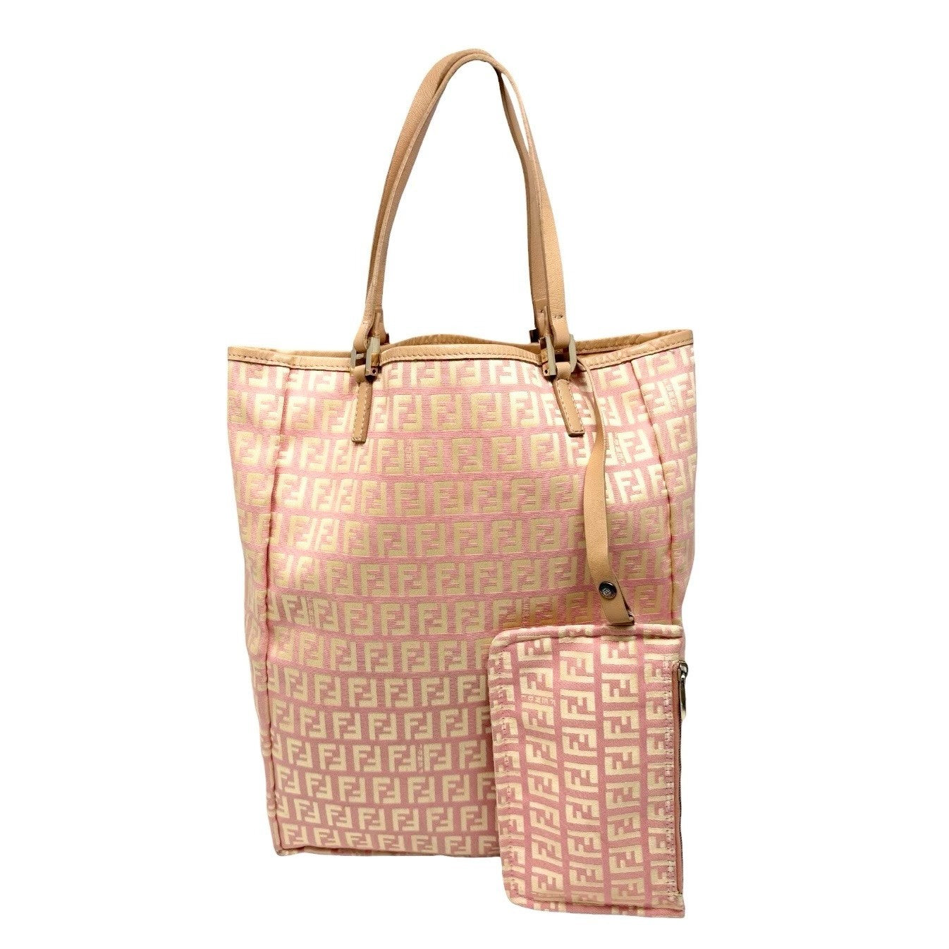 FENDI Vintage FF Logo Zucchino Tote Bag Pink Beige Canvas w/Pouch 901878